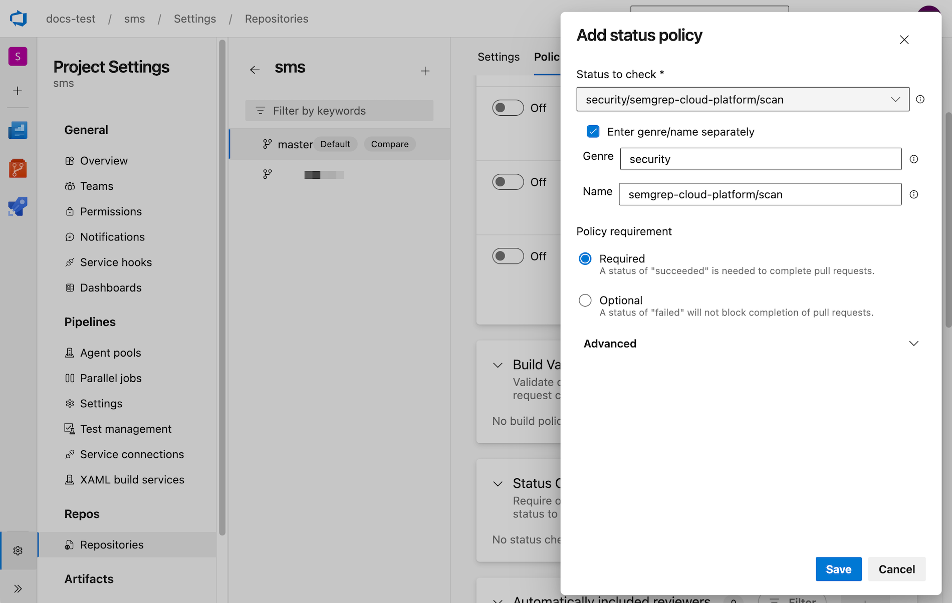 Add status policy dialog in Azure DevOps.