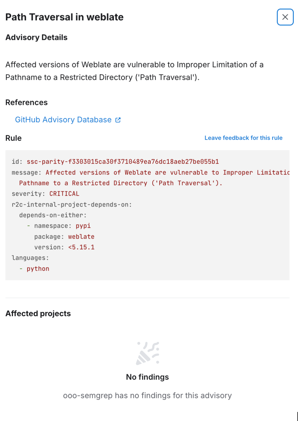 Advisory details dialog with no findings found.